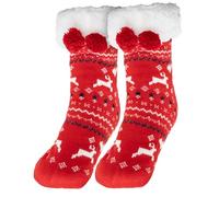 Festive Fix Fluffy Slipper Socks UK 5-7 - Fleece-Lined Non-Slip Christmas Slipper Socks for Women, Ladies, Girls & Boys - Cosy Thermal Bed Socks, Warm Knitted Sock Slippers with Pompoms for Winter