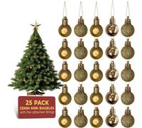 Festive Fix Gold Mini Christmas Baubles 25 Pack Shatterproof Small Ornaments For Xmas Tree Decorations Matte Gloss Glitter