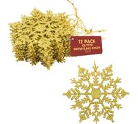 Festive Fix Hanging Glitter Snowflake Decorations Gold Pack Of 12, 10Cm Christmas Ornaments Easy To Hang Stunning Decor