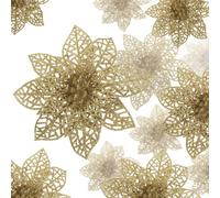 Festive Fix Poinsettia Christmas Decorations 24 Pack Gold Glitter Flowers Mixed Sizes 3 4 6 Inch For Tree Wreath Garland Displays