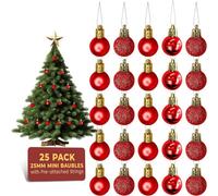 Festive Fix Red Mini Christmas Baubles 25 Pack Shatterproof Small Ornaments For Xmas Tree Decorations Matte Gloss Glitter