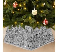 Festive Fix Silver Sequin Christmas Tree Skirt Foldable Four Side Base Cover With Velcro For Real And Artificial Trees