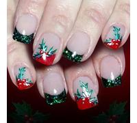Festive French Glitters Fake Nails 24pcs Christmas Leaf Design Easy Application Press On Nails For Holiday Season Holiday Press On Nail With Snowflakes
