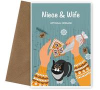 Festive Fun Niece & Wife Christmas Card with Cat Baking Cookies - Merry Christmas Card Niece & Wife & Happy New Year, Xmas Cats & Cookies