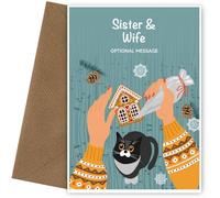 Festive Fun Sister & Wife Christmas Card with Cat Baking Cookies - Merry Christmas Card Sister & Wife & Happy New Year, Xmas Cats & Cookies