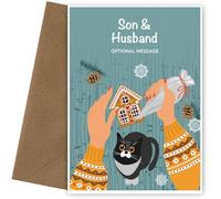 Festive Fun Son & Husband Christmas Card with Cat Baking Cookies - Merry Christmas Card Son & Husband & Happy New Year, Xmas Cats & Cookies