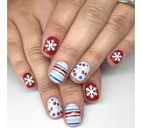 Festive Glitters Press On Nails 24PCS Christmas Snowflake Pattern White Red Stripes Artificial Nails For Women Multi Occasion Use Blue Snowflake Fake Nail