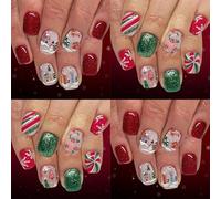 Festive Glitters Press On Nails Set 48Pcs Short Square Shape Red Green French Tips For Christmas Event Family Gatherings Short Square Christmas Nail Art