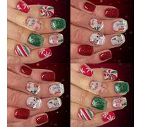 Festive Glitters Press On Nails Set 48Pcs Short Square Shape Red Green French Tips For Christmas Event Family Gatherings Red Green Glitters False Nail