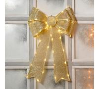 Festive Gold Battery Operated Christmas Door Bow with 84 Warm White LEDs