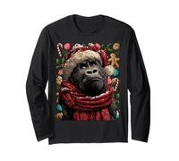 Festive Gorilla with Santa Hat Snowy Winter Christmas Animal Long Sleeve T-Shirt
