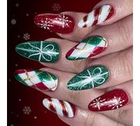 Festive Green Checkers Sparkling Artificial Nails 24pcs Fake Claws Christmas Santa Snowflake Design Easy Wear Celebration Press