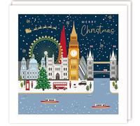 Festive Greetings from London - Santa Sleigh over London Skyline Charity Christmas 160x160mm Pack of 10 Xmas Cards (On the Thames)