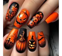 Festive Halloween False Nails Square Shape M Length Ghostly Pumpkin Spiders Web Art Durability ABS Nails For Parties Spiders Web Design Nail