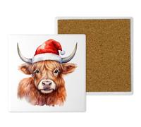 Festive Highland Cow Ceramic Coaster - 10cm x 10cm Handprinted in the UK | Watercolour Santa Hat Design, Christmas Drinks Coaster