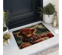 Festive Highland Red and Green Cow Doormat for Winter Decoration, Non-Slip, Waterproof, Easy to Clean, 29 x 17 Inch