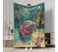 Festive Hippo Blanket, Colorful Holiday Sweater Hippo Design Throw Blanket, Soft Plush Fleece for Cozy Winter Nights, Christmas Decor for Sofa, Camping, Travel, All Season 50x60 Inch