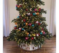 Festive Holiday Christmas Tree Collar with Engraved Snowflake and Village House Motifs, Crafted from PVC, Foldable for Compact Storage (26in)