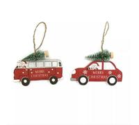 Festive Home Decor 2PC Wooden Christmas Tree Ornaments | Santa Camper Van & Classic Car Hanging Decorations | Vibrant Painted Holiday Décor Gifts