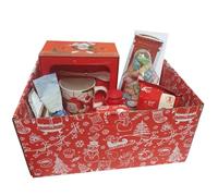 Festive Hot Chocolate Mug Gift Box with Sweet Treats - Includes Ceramic Mug, Cocoa Sachets, Marshmallows, and Sweets in Decorative Red Holiday Hamper