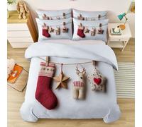 Festive Illustration Duvet Cover Cot-bed, Easy Care Soft Breathable Microfibre Bedding 3 Pieces with Christmas Gloves Reindeer Stars, Includes Pillowcases, White Red