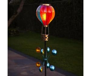 Festive Lights - 1.15m Rainbow Solar Hot Air Balloon Wind Spinner Stake Light - 20 Amber LED, Flickering Flame Effect, Weather-Resistant - IP44 Outdoor Garden Ornament with Sturdy Double Ground Base