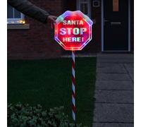 Festive Lights - 1.1m Christmas Santa Stop Here Sign Red and White Stake Light - 30 LED Multicolour Mains Powered Outdoor Traditional Seasonal Prelit Candy Cane Decoration