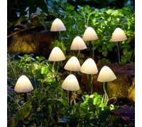 Festive Lights - 10 Pack Solar Mushroom Multi Function Stake Lights (2m Lit Length) - 22cm Height, Warm White LEDs, Pearl Caps, External Panel - Weather Resistant Outdoor Garden Pathway Feature