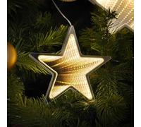 Festive Lights - 14cm Christmas Star 3D Infinity Mirror Hanging Bauble Decoration - 27 Warm White SMD LEDs, Battery Powered, 6 Hour Timer Function, Indoor Acrylic Traditional Ornament, Clear Lead