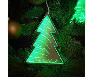 Festive Lights - 15cm Christmas Tree Fir 3D Infinity Mirror Hanging Bauble Decoration - 27 Bright Green SMD LEDs, Battery Powered, 6 Hour Timer Function, Indoor Acrylic Ornament, Clear Lead
