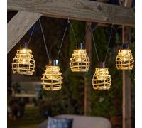 Festive Lights - 2.7m Solar Power Rattan Style Cage Lantern Outdoor String Lights - 10 Warm White LEDs, 2m Black Cable, IP44 Weather Resistant - Garden Decoration, External Panel, Rechargeable Battery