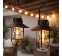 Festive Lights - 2 Pack 21cm Solar Black Fisherman Hanging Cage Lantern, Warm White Filament Effect LEDs - Antique Rustic Metal Look, IP44 Rated, Outdoor Decorative Garden Light - Integrated Panel