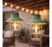 Festive Lights - 2 Pack 21cm Solar Green Fisherman Hanging Cage Lantern, Warm White Filament Effect LEDs - Antique Rustic Metal Look, IP44 Rated, Outdoor Decorative Garden Light - Integrated Panel