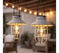 Festive Lights - 2 Pack 21cm Solar Grey Fisherman Hanging Cage Lantern, Warm White Filament Effect LEDs - Antique Rustic Metal Look, IP44 Rated, Outdoor Decorative Garden Light - Integrated Panel