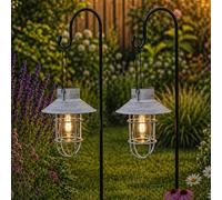 Festive Lights - 2 Pack of 71cm Grey Solar Fisherman Outdoor Stake Light with Hanging Lantern - Warm White Filament Effect LED, Antique Rustic Metal Look, IP44 Rated, Cage Finish, Integrated Panel