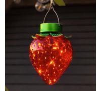 Festive Lights - 20cm Solar Power Strawberry Decorative Outdoor Hanging LED Lantern - Red & Green Garden Novelty Light with 10 Warm White LEDs, Rechargeable Battery, IP44 Rated, Metal Handle Included