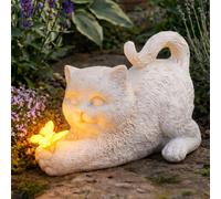 Festive Lights - 20cm Solar Stone Effect Cat with Butterfly Memorial Light - Warm White LED, Weather Resistant Polyresin, Outdoor Garden Tri