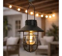 Festive Lights - 21cm Solar Black Fisherman Hanging Lantern with Warm White Filament Effect LED - Antique Rustic Metal Look, IP44 Rated, Outdoor Decorative Garden Light - Integrated Panel, Cage Finish