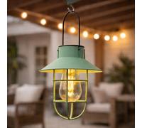 Festive Lights - 21cm Solar Green Fisherman Hanging Lantern with Warm White Filament Effect LED - Antique Rustic Metal Look, IP44 Rated, Outdoor Decorative Garden Light - Cage Finish, Integrated Panel