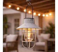 Festive Lights - 21cm Solar Grey Fisherman Hanging Lantern with Warm White Filament Effect LED - Antique Rustic Metal Look, IP44 Rated, Outdoor Decorative Garden Light - Integrated Panel, Cage Finish