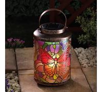 Festive Lights - 24cm Solar Power Tiffany Butterfly Stained Glass Effect Hanging Lantern - Cool White LED, 5 Lumen, IP44 Rated, Rechargeable Battery, Auto Dusk Sensor - Tabletop Garden Patio Decor