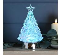 Festive Lights - 25cm Colour Changing LED Water Spinner Christmas Tree Decoration - Warm White & RGB Lights, Battery Power, Indoor Use, Transparent Acrylic Design, Silver Base, Glitter Swirling Effect