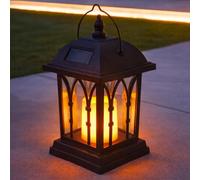 Festive Lights 27cm Black Solar Garden Lantern, Flickering Amber LED Candle, Waterproof Hanging or Tabletop Outdoor Light for Patios, Decking, Balconies, Pathways, Porches and Garden Décor