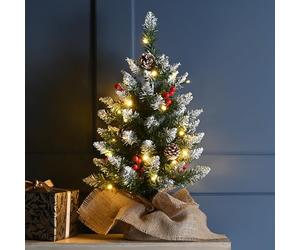 Festive Lights - 2ft 60cm Prelit Berry & Cone Battery Powered Table Top Christmas Tree - 30 Warm White & Multicolour Switchable LED Bulbs, Indoor Use, Realistic Pine Design, Seasonal Home Decoration