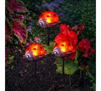 Festive Lights - 3 Pack 14cm Solar Power Red Ladybird Outdoor Garden Stake Lights - 3 Bright White LEDs, Metal Ground Spikes, IP44 Rated, Auto Dusk Sensor - Border Pathway Decor, Individual Panels