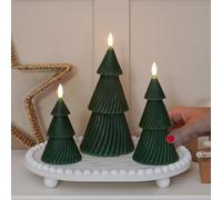 Festive Lights - 3 Pack Christmas Tree LED Real Wax Green Candles - Battery Operated Indoor Warm White Light Up Seasonal Centrepiece Table Decorations with 6 Hour Timer