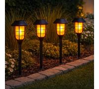 Festive Lights - 4 Pack of 45cm Solar Power Flame Effect Black Garden Stake Lights - 12 Amber SMD LEDs Per Lantern, IP44 Rated, Rechargeable Battery - Outdoor Lawn Border Pathway Driveway Decoration
