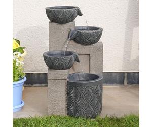 Festive Lights - 42cm Garden Water Feature, Stone Effect Cascading Bowl Outdoor Fountain, Solar, USB & Mains Powered, Grey Polyresin, LED Light, Timer, IP44, External Panel
