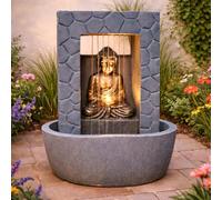 Festive Lights - 43cm Garden Water Feature, Buddha Rainfall Outdoor Fountain, Solar, USB & Mains Powered, Grey & Gold Resin, LED Light, Timer, IP44, External Panel