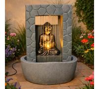 Festive Lights - 43cm Grey & Gold Buddha LED Lit Hybrid Rainfall Water Feature - Solar, USB & Plug In Power, Indoor Outdoor Garden Fountain, Timer Function, Resin Build, External Panel, IP44 Rated